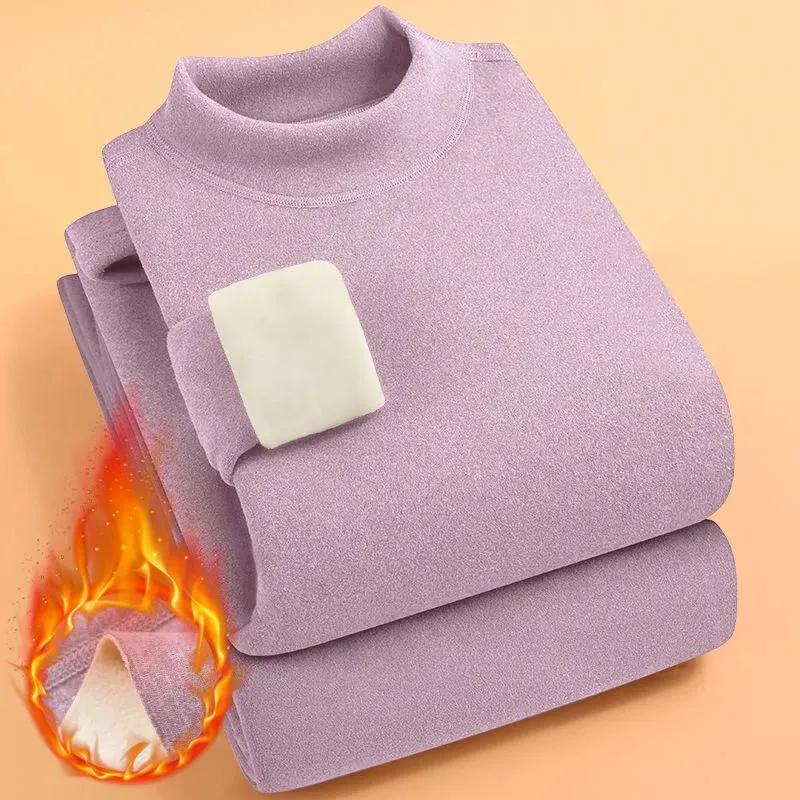 Double Sided Velvet Thermal Underwear for Women Set Thick Intimate Self-heating Bottoming High Collar Top+Trousers 2 Piece Set