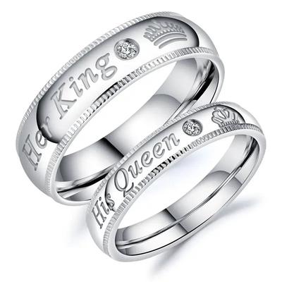 Fashion Stainless Steel Couple Rings Her King His Queen Statement Rings Zircon Crown Ring Romantic Anniversary Wedding Band Ring