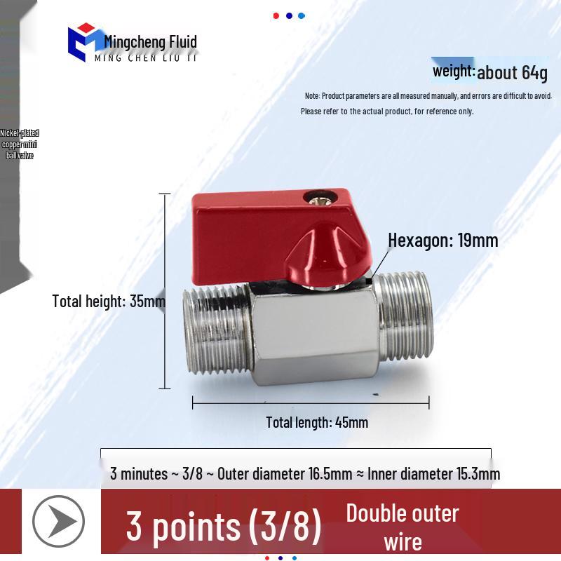 Compact Ball Valve with Double Male/Female Thread, Sizes 1/4", 3/8", 1/2", Pneumatic Polished Electroplated Switch Valve Accessory.