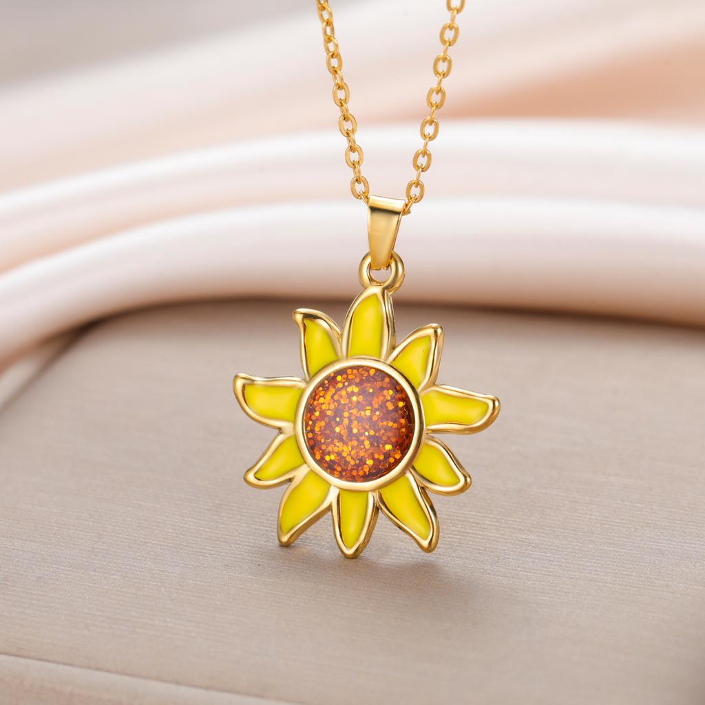Teamer Enamel Sunflower Pendant Necklace Gold Color Stainless Steel For Women Fashion Plant Floral Amulet Jewelry Gift 2026 New