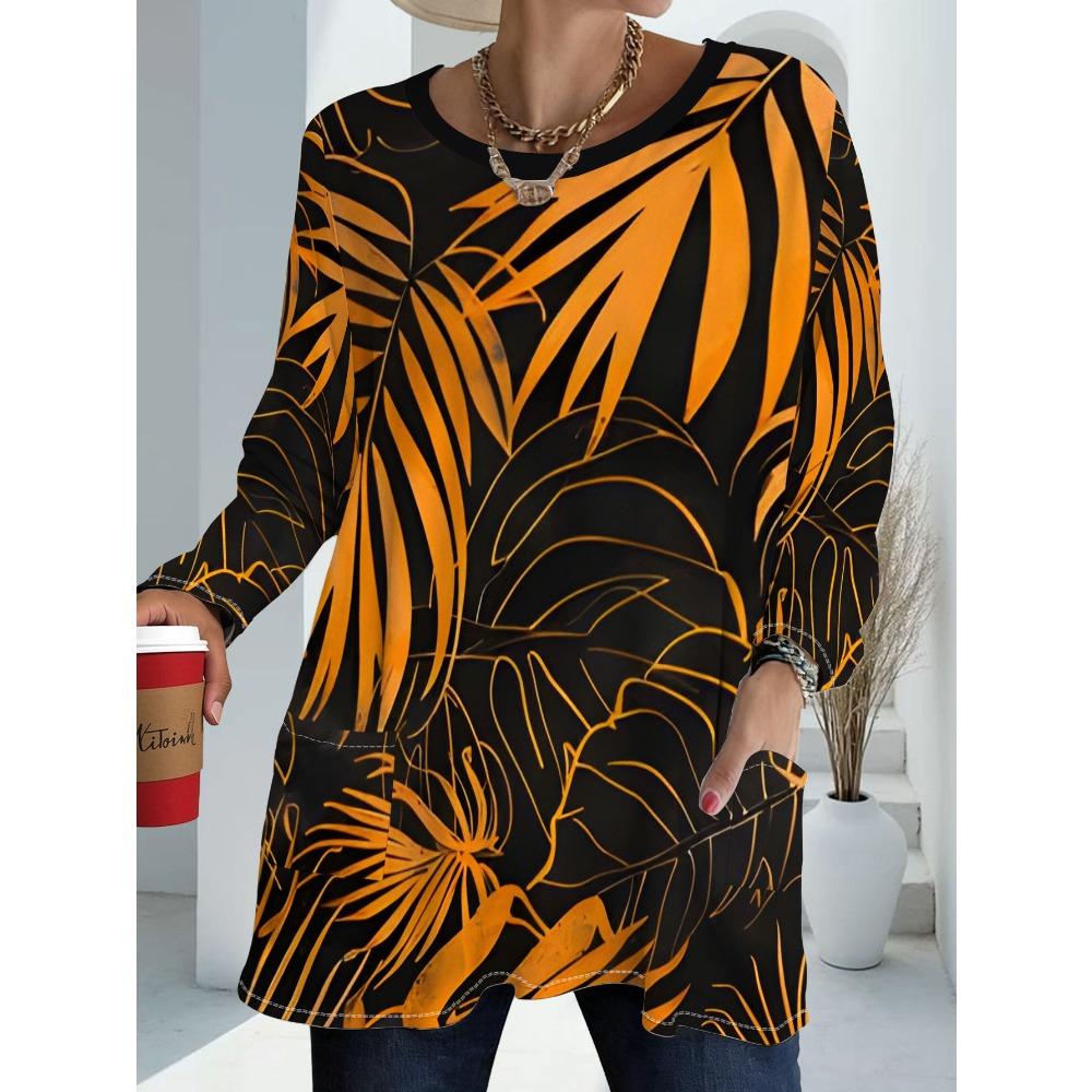 Women's Pocket Design Fashion Palm Leaf Print Long Sleeve T-Shirt Women's Crew Neck Sports Outdoor Commuter Top