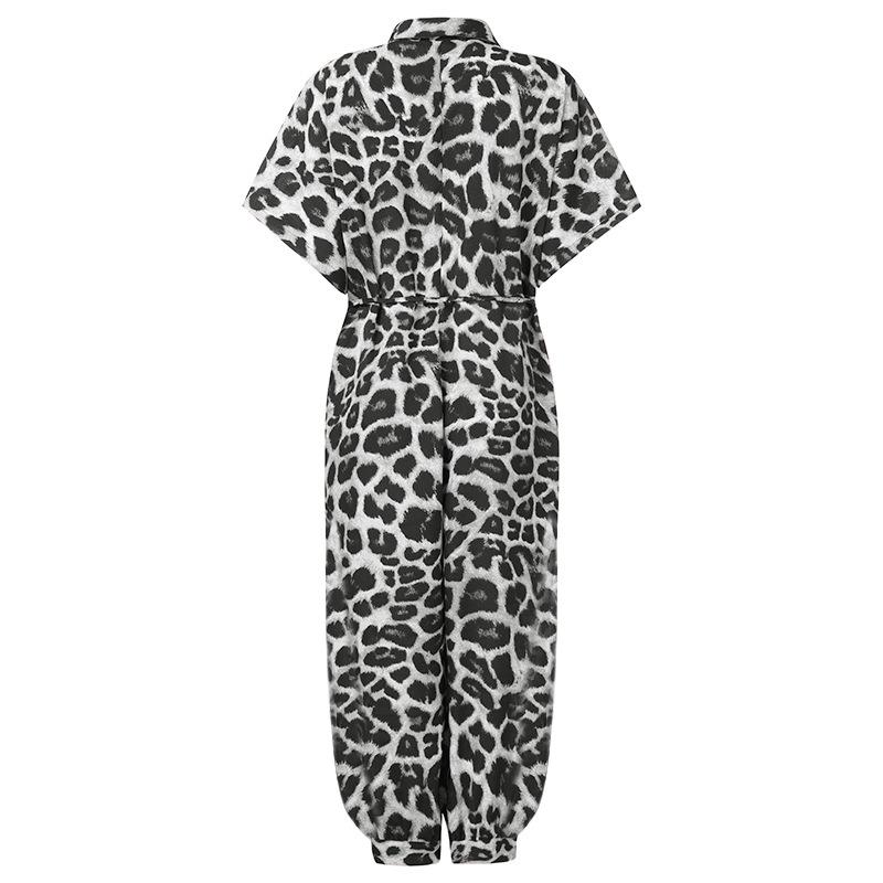 Retro Leopard Print Plus Size Jumpsuit for Women - Short Sleeve, Button-Up, Casual Loose Fit (2020 European Design)