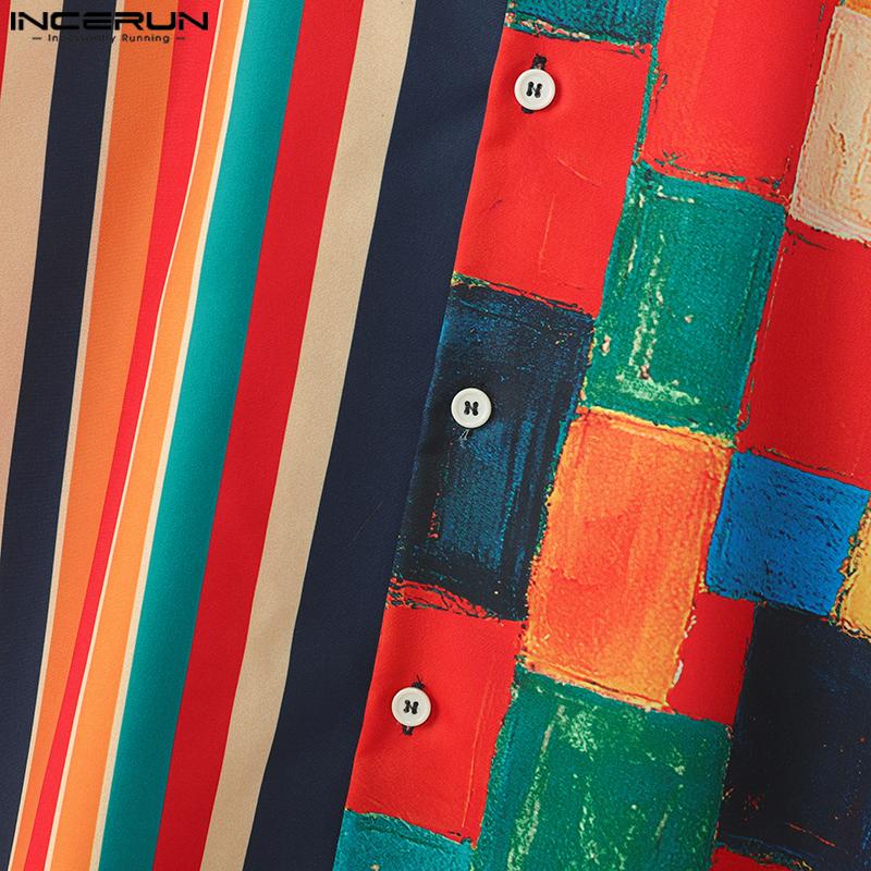 INCERUN Summer Oversized Men Lapel Striped Plaid Print Buttons Up Casual Hawaiian Shirts