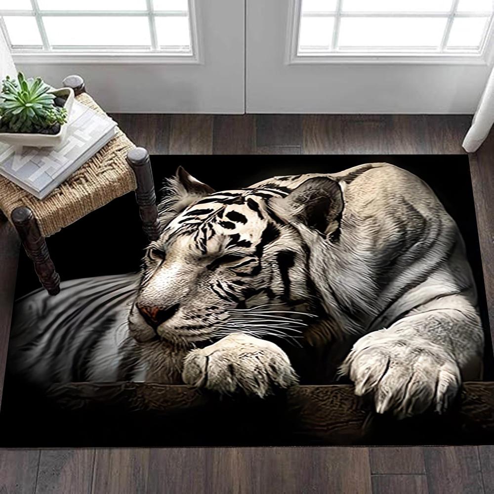 White Tiger Print Rug Decoration,Carpet,Living Room,Bedroom, Non-slip,Square rug