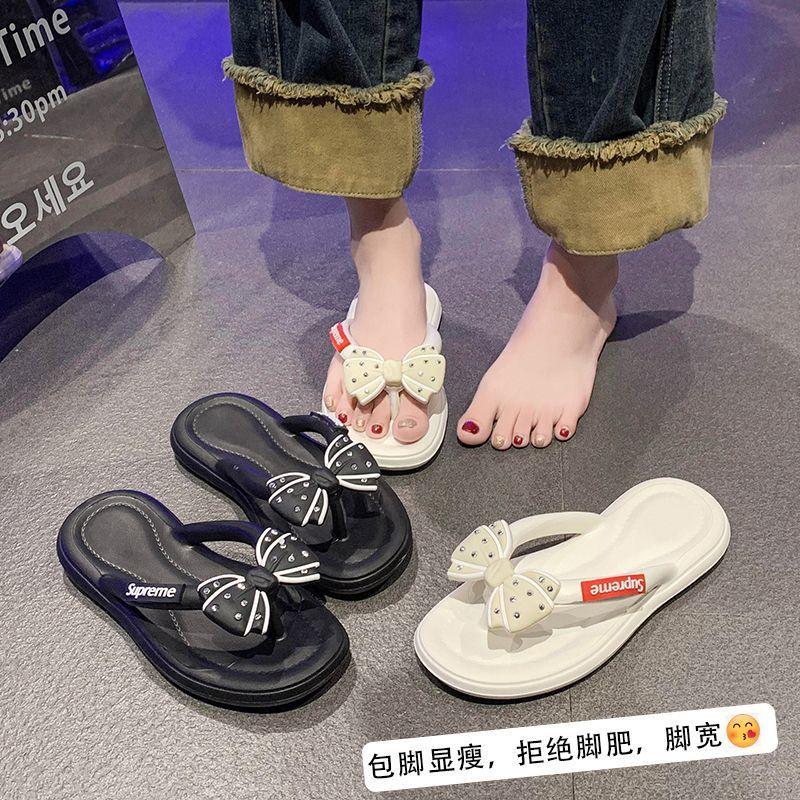 Cute one-pedal flip-flops woman 2025 summer and autumn new fashionable versatile non-slip seaside bow slippers outer wear