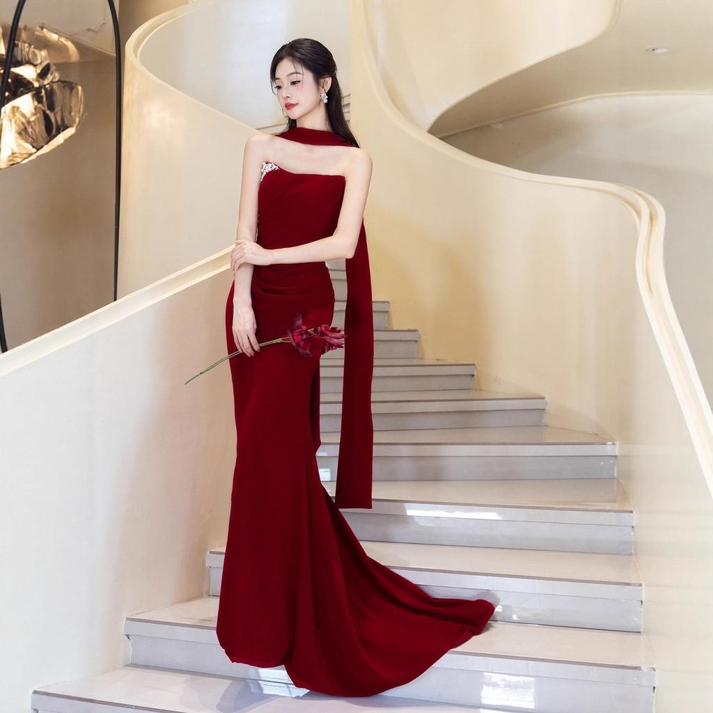 Red tube top toast new wedding morning gown bride wedding engagement fishtail banquet evening dress skirt