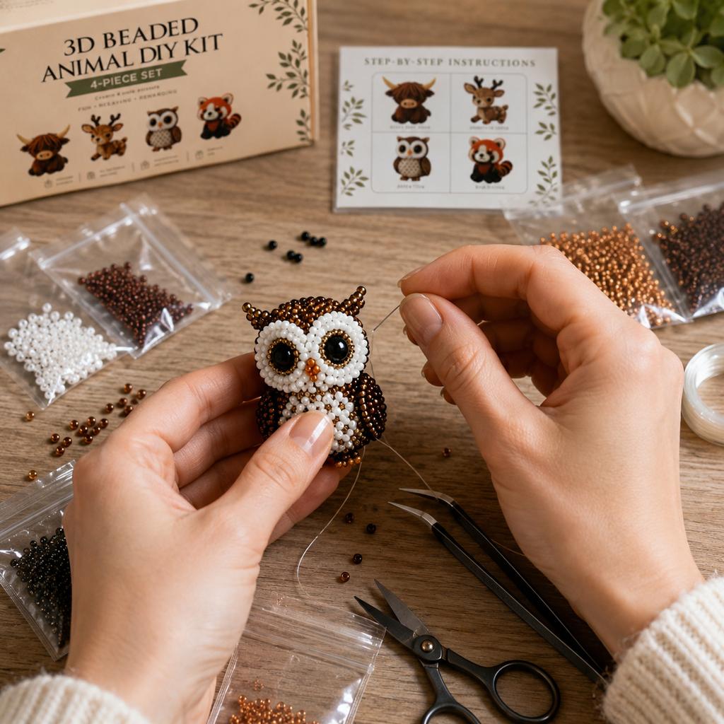 3D Beaded Animal DIY Kit Set for Beginners and Adults Creative Bead Crafting Project Kit with Deer and Bull Patterns Manual Assembly Toy Gift