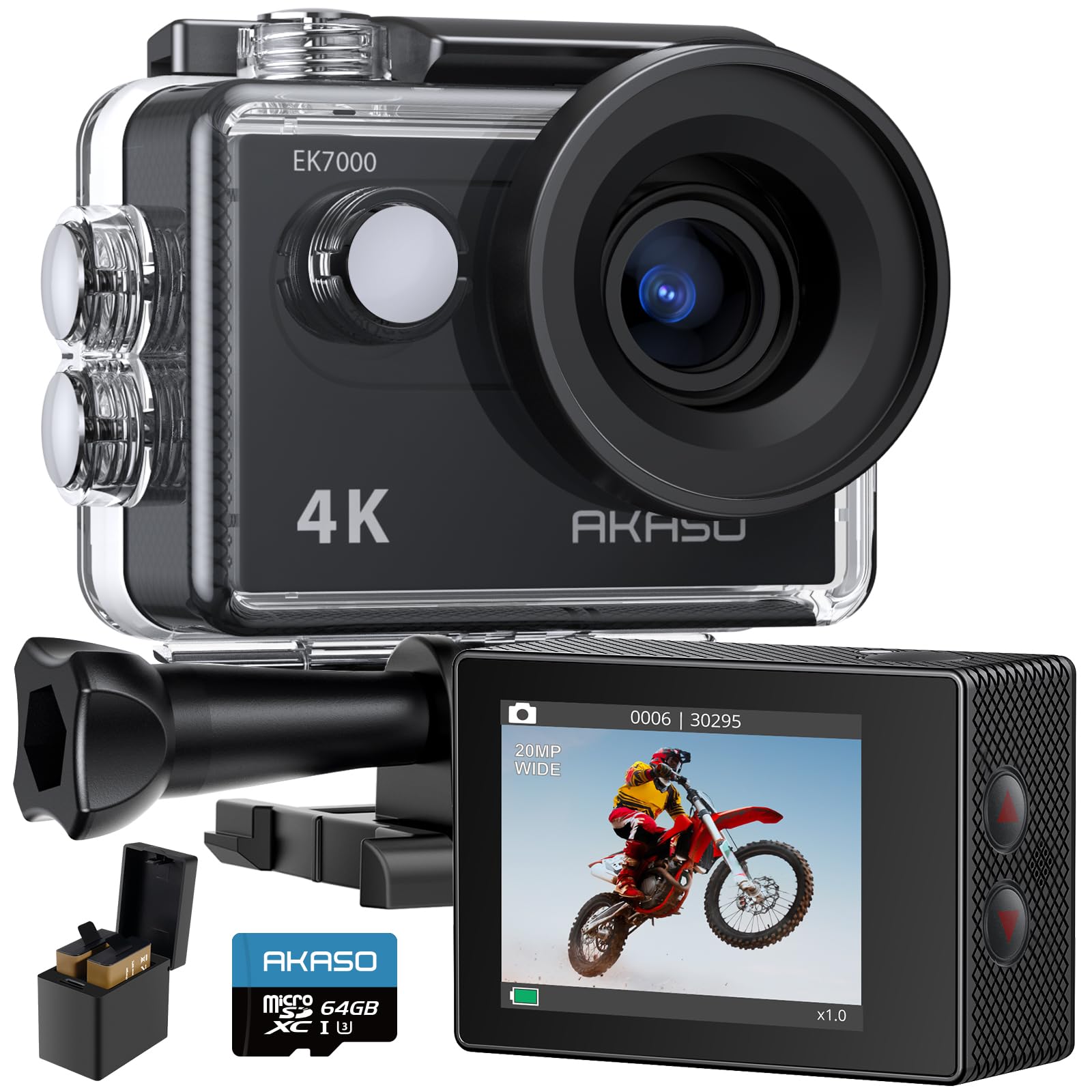 

AKASO EK7000 Action Camera: 4K, 20MP, 64GB Memory Card Included, Underwater Camera, WiFi, External Microphone Support, 40M Waterproof, HDMI Output, 17