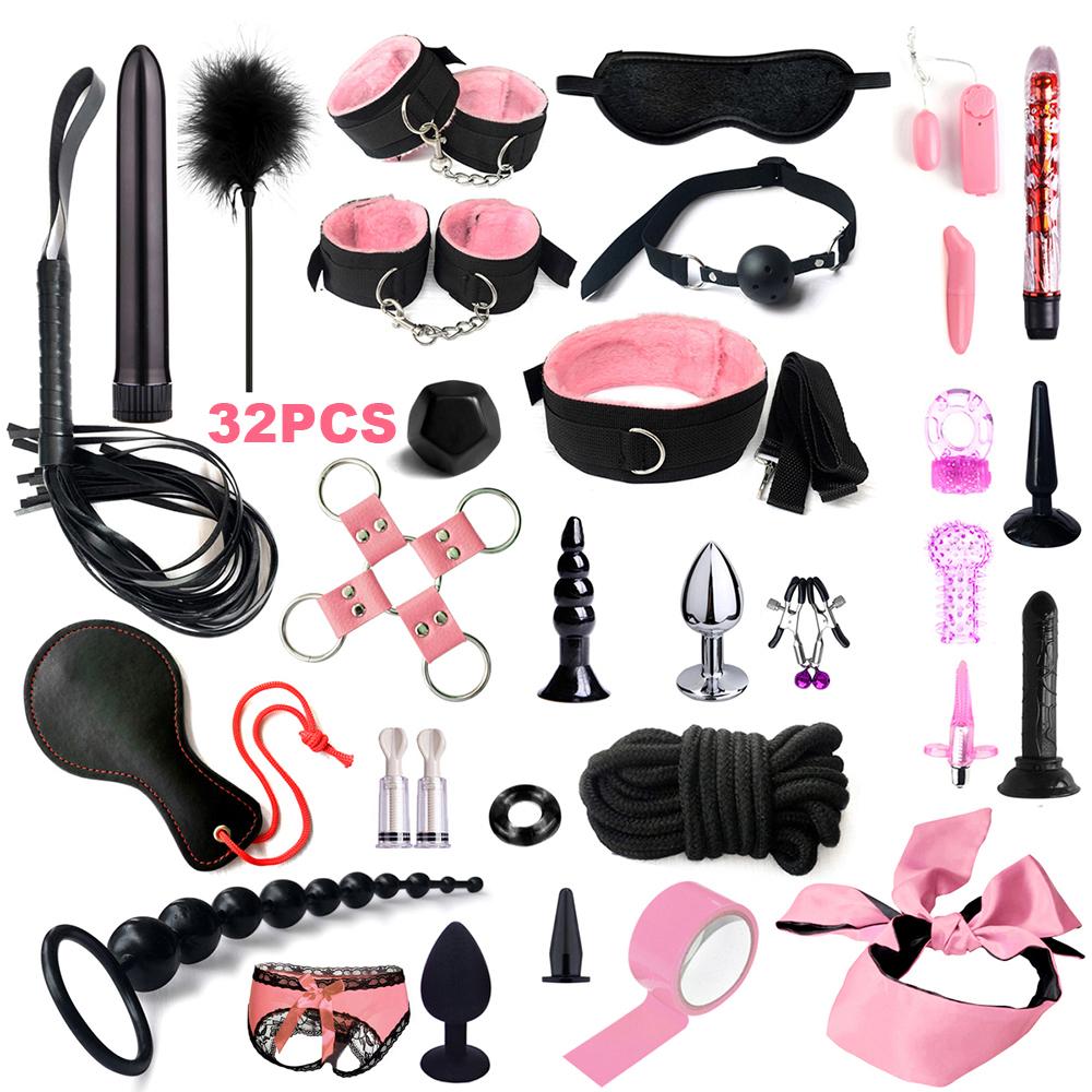 Fetish BDSM Kit Set Sex Toy Handcuffs for Woman Adult Supplies Handcuffs Whip Anal Plug Vibrator Bondage Rope Sexual Sexy Game
