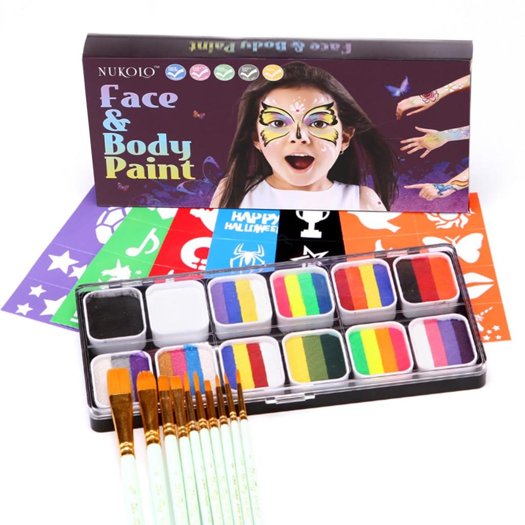 Professional Face and Body Painting Rainbow Stripe Palette with 13 Brushes and 6 Safe and for Face and Body Painting for and Parties Kit,