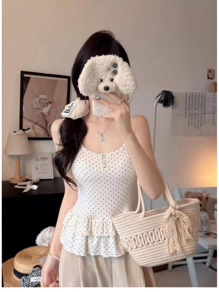 Women's Polka Dot U-Neck Button Strap Tank Top with Subtle Ruffles and Chest Pads - Slim Fit for Spring/Summer