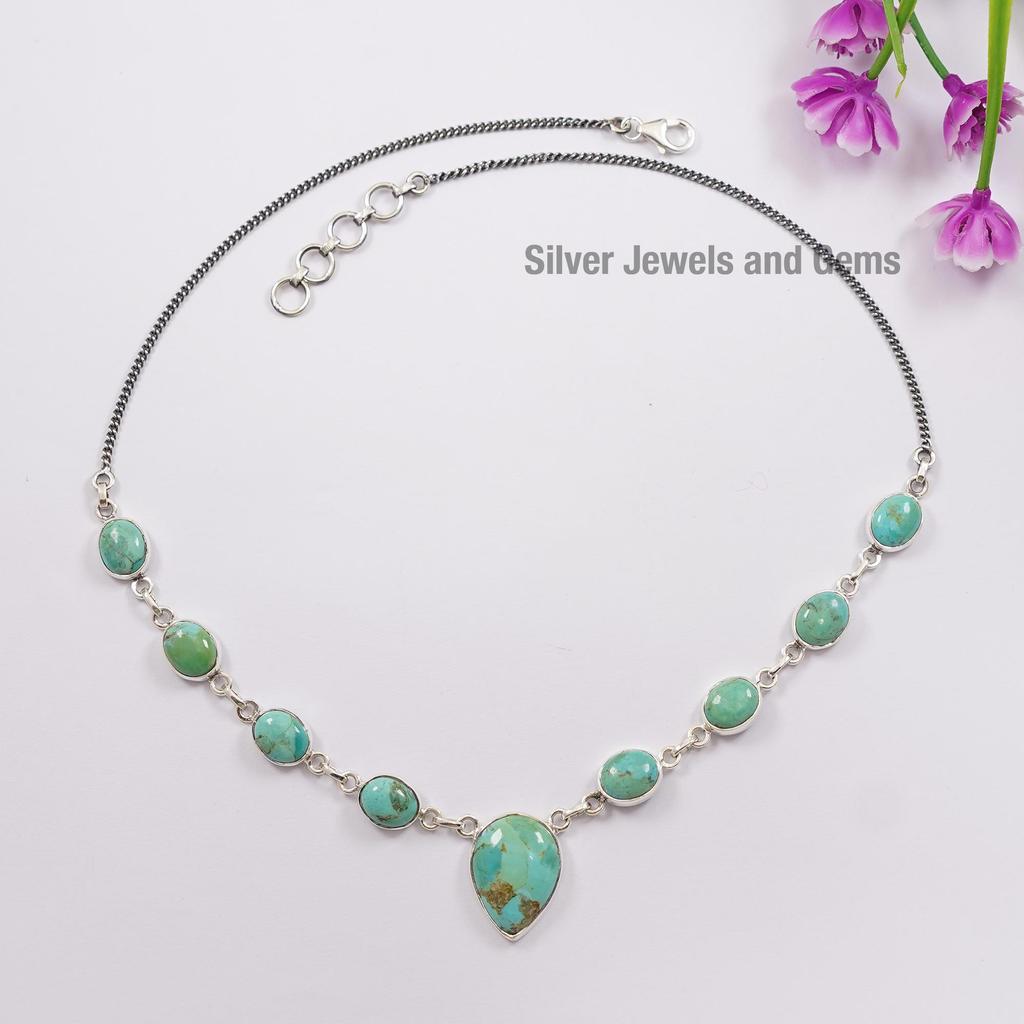 Natural Arizona Turquoise Chain Necklace, December Birthstone Necklace, 925 Sterling Silver, Gift for Wife, Turquoise Bezel Necklace