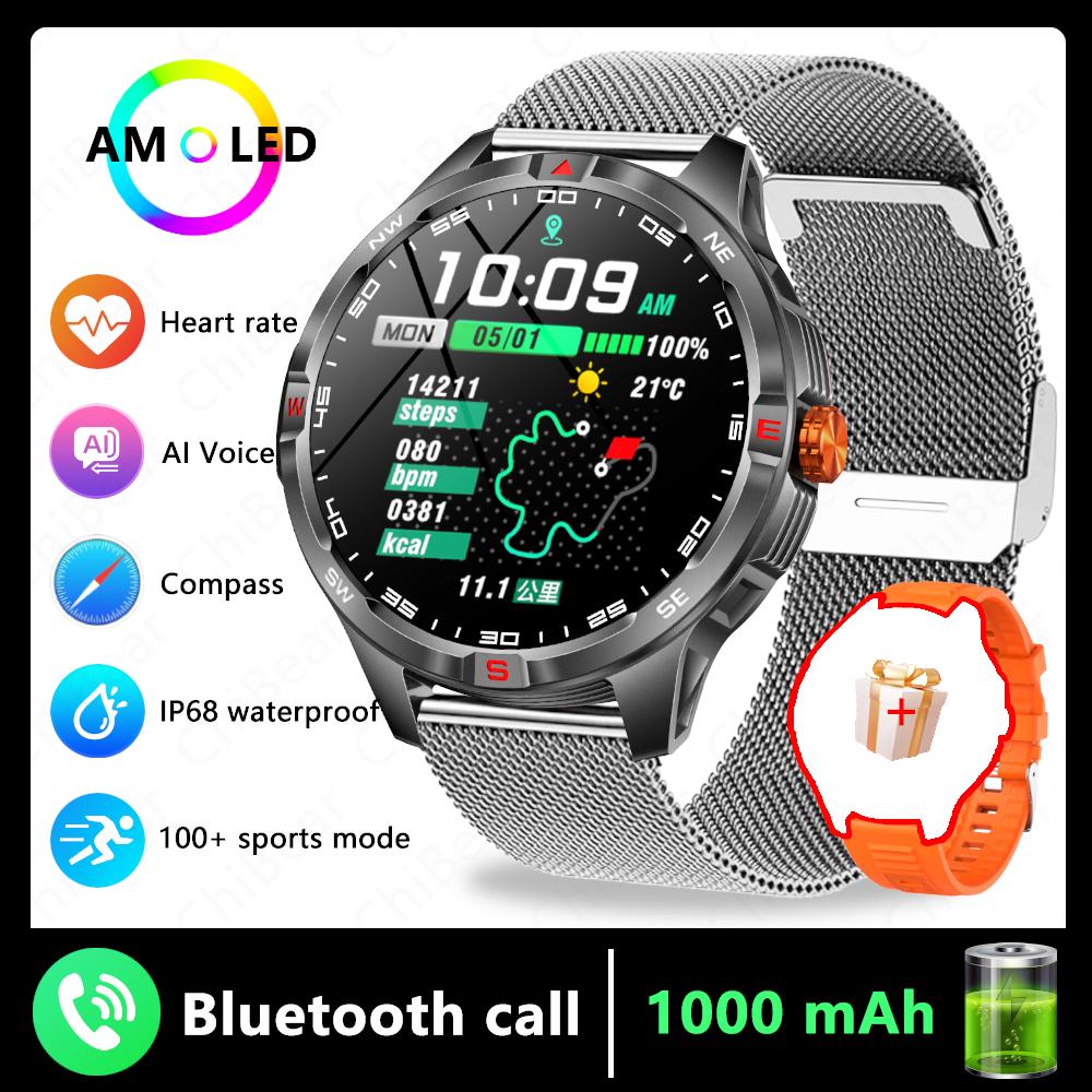 Sports Smart Watch Men Compass 1000mAh Large Battery Bluetooth Call 1.46 Inch Health Monitoring Waterproof Smartwatch  New