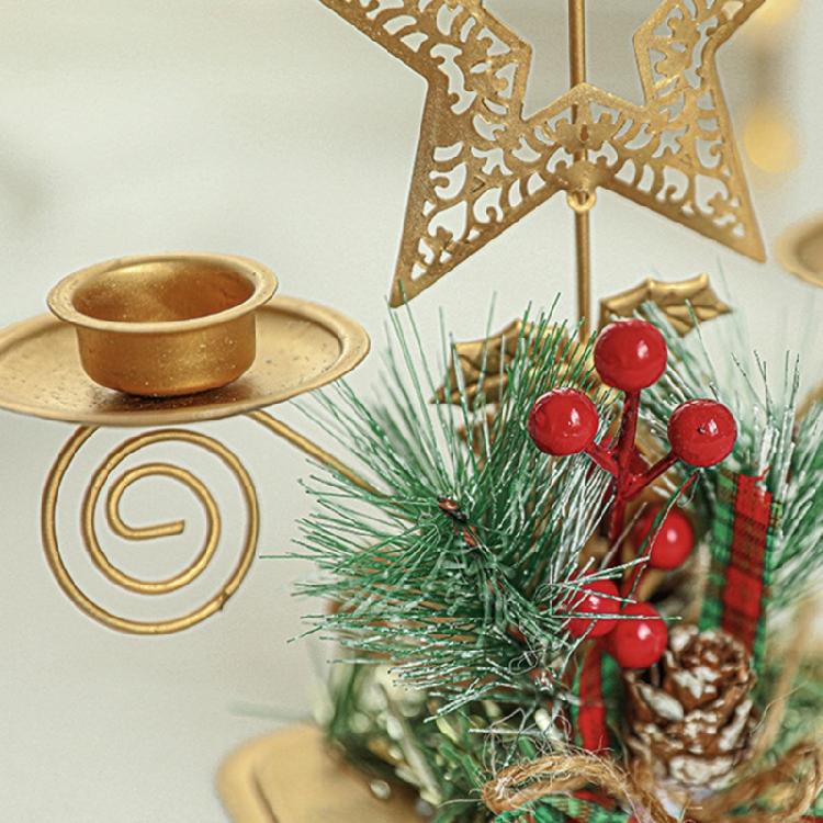 Gold Iron Double Candlestick Home Decors for Holiday Christmas Metal Candle Holders Stand with Pinecones and Berries