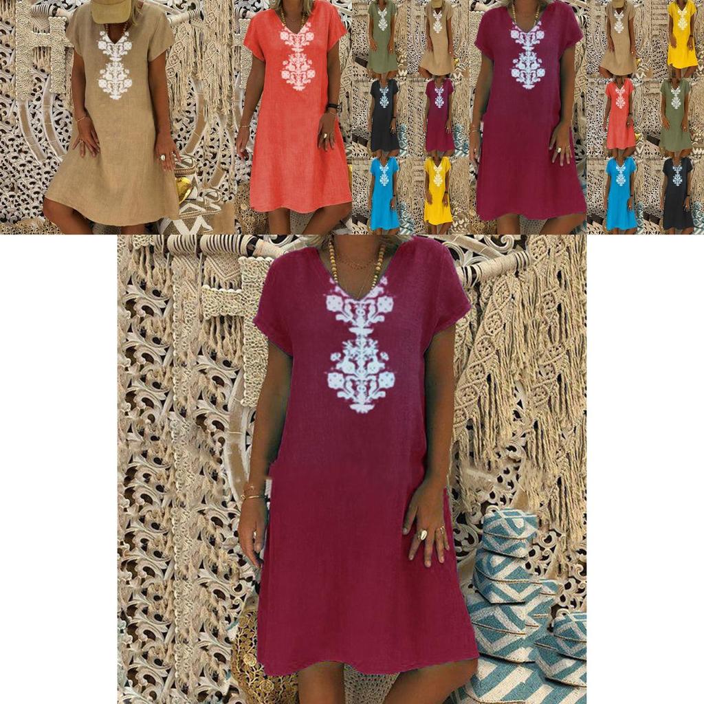 Versatile Women's Baggy Loose Short Sleeve V-neck Linen Kaftan Madi Dress Perfect For Daily Wear And Beach Outings