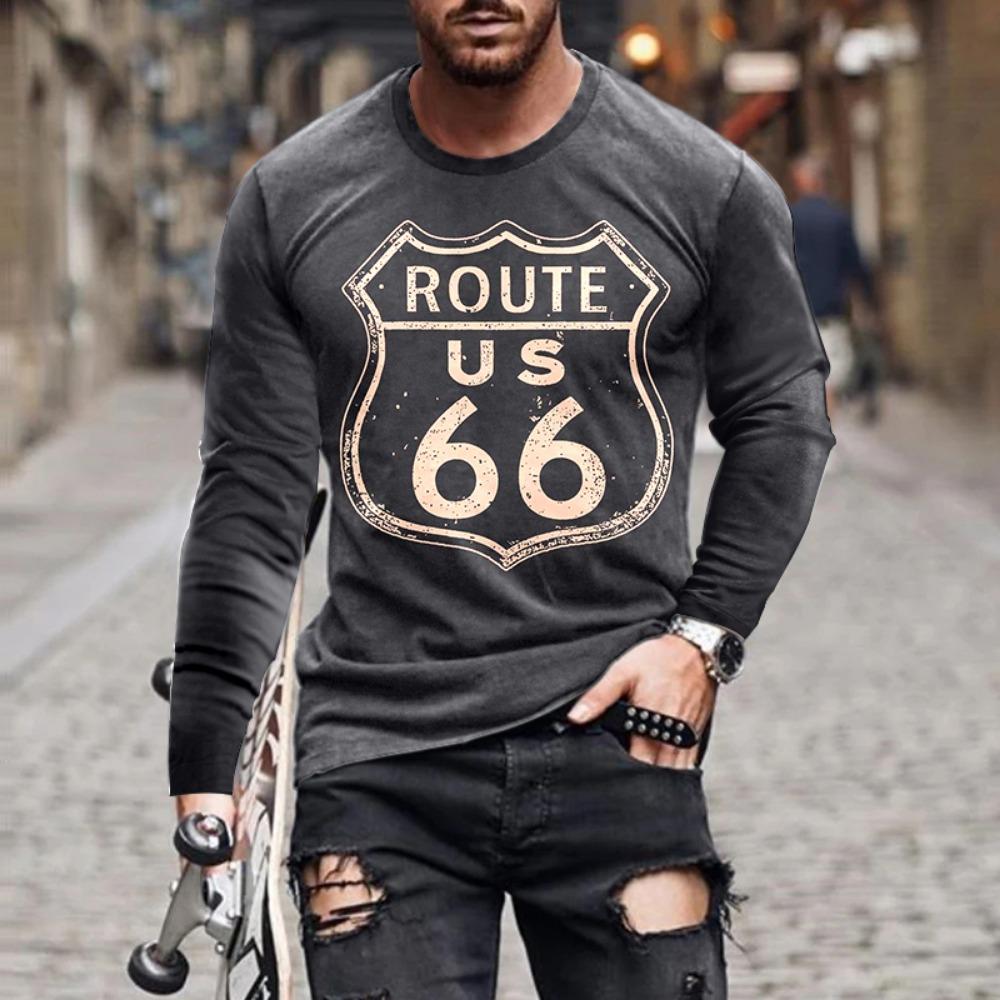 ETST31 2024 Heren T-shirts Lange Mouw 3D Print Top Casual Katoen Vintage T-shirt Vintage Route 66 Tee Los Sport O-hals Kleding 5xl L