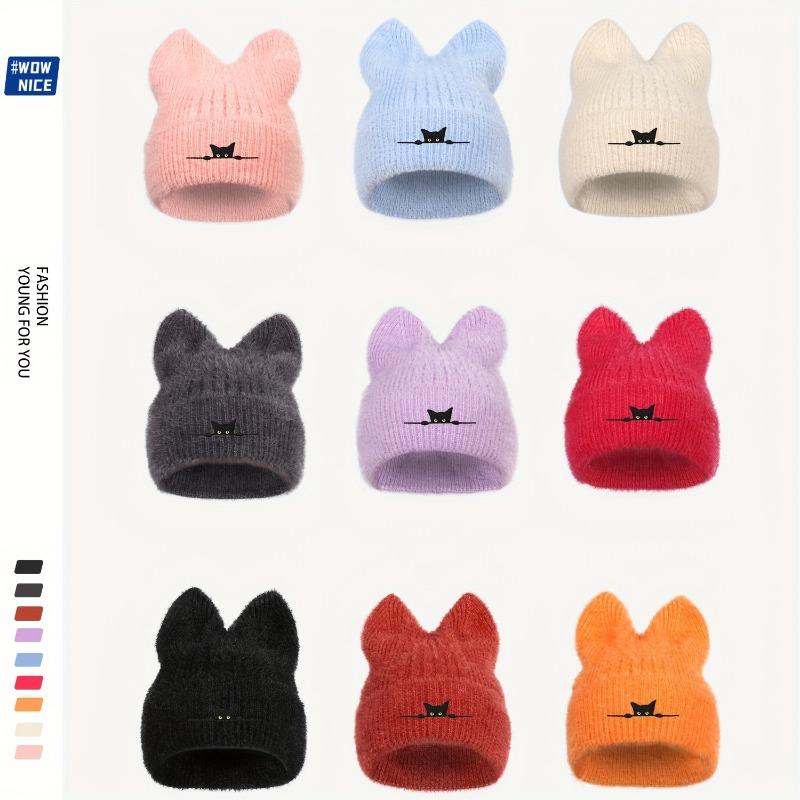 New Cat Ear Embroidered Wool Knit Beanie Hat, Cute Winter Warm Cap for Autumn Cold Weather - Unisex Design
