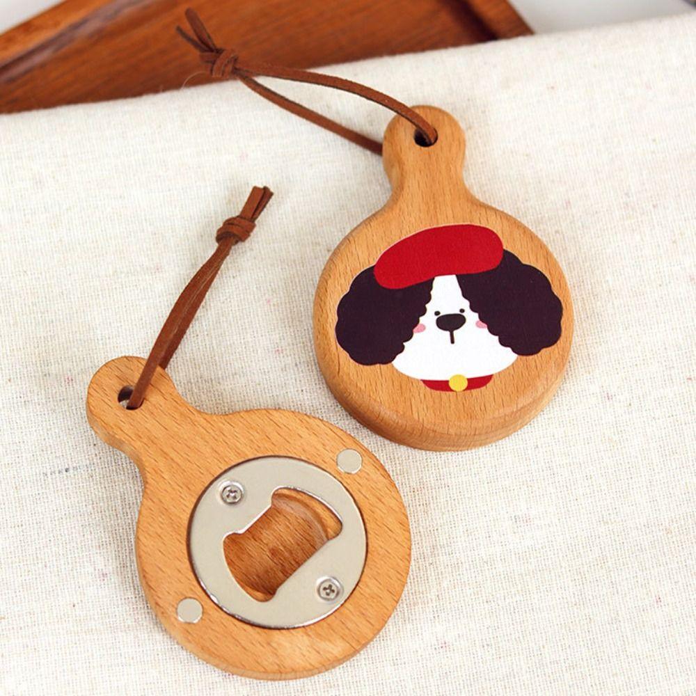 Cartoon Solid Wood Bottle Openers Magnetic with Round Handle Beer Cap Catche Refrigerator Sticker Bar
