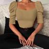 Women's Spring New Women's Simple Square Neck Puff Sleeve Top Women's Short Sleeve