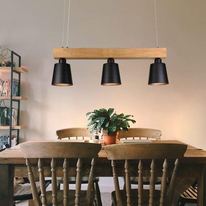 Suspension - NETTLIFE - Suspension table à manger - Bois noir - 3 ampoules E27 - 70x14x23 cm
