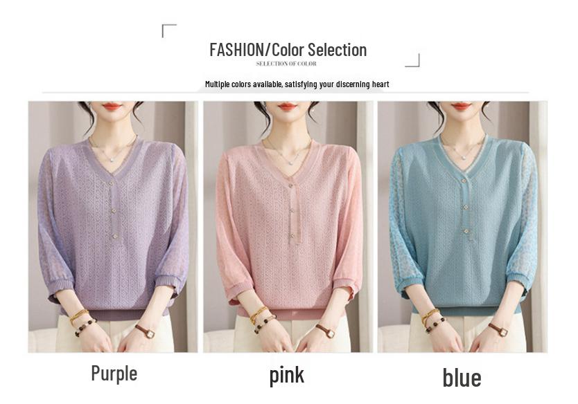 V-Neck Solid Color Knit Sweater T-Shirt for Women - Stylish Spring/Summer Sheer Sleeve Top for Middle-Aged and Elderly