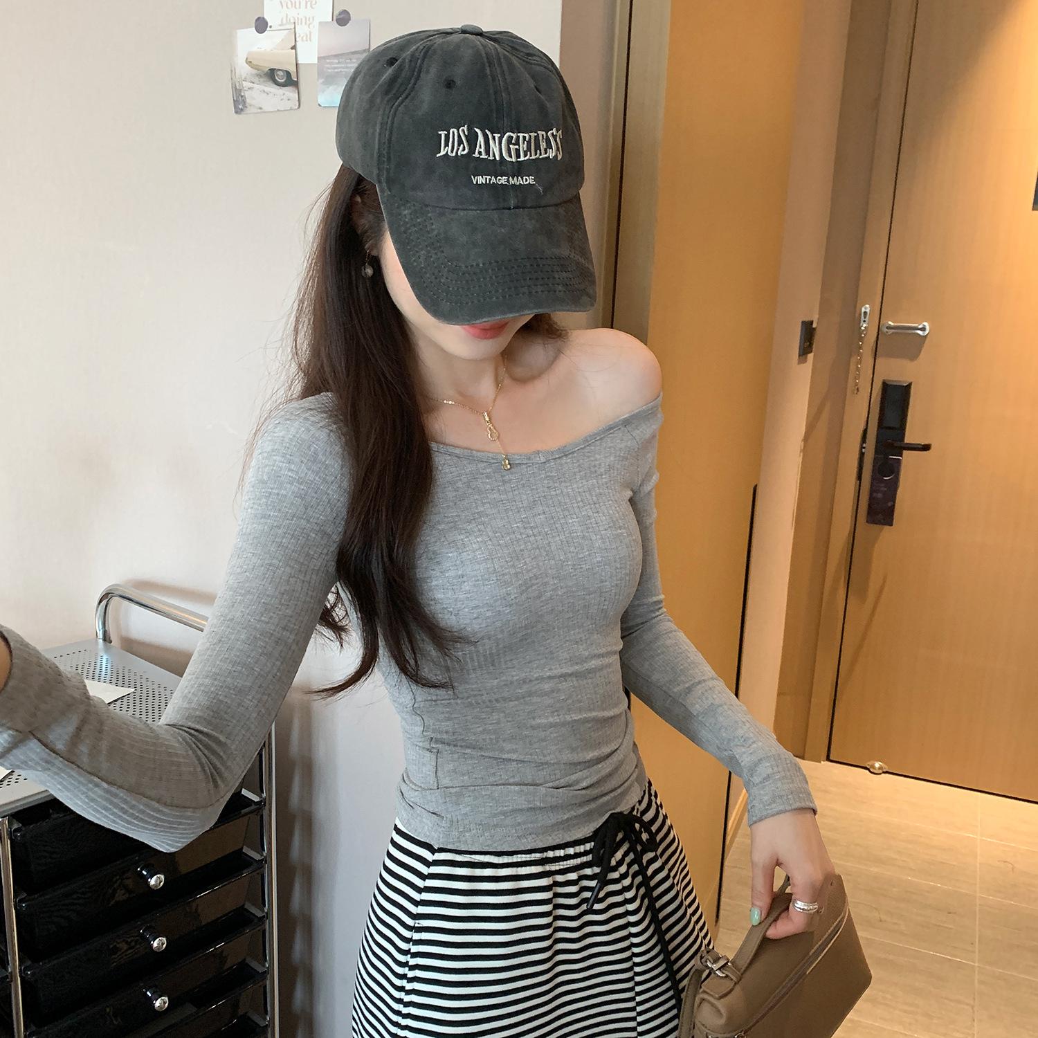 Women s Korean Off-Shoulder Long-Sleeve Slim T-Shirt - Autumn/Winter New Arrival Extra Large серый