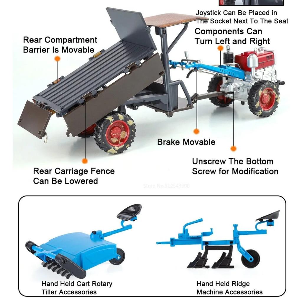 1/24 Agricultural Walking Tractor Toy Model Sound Light Alloy Diecast Retro Variable Engineering Vehicles Collection Gifts
