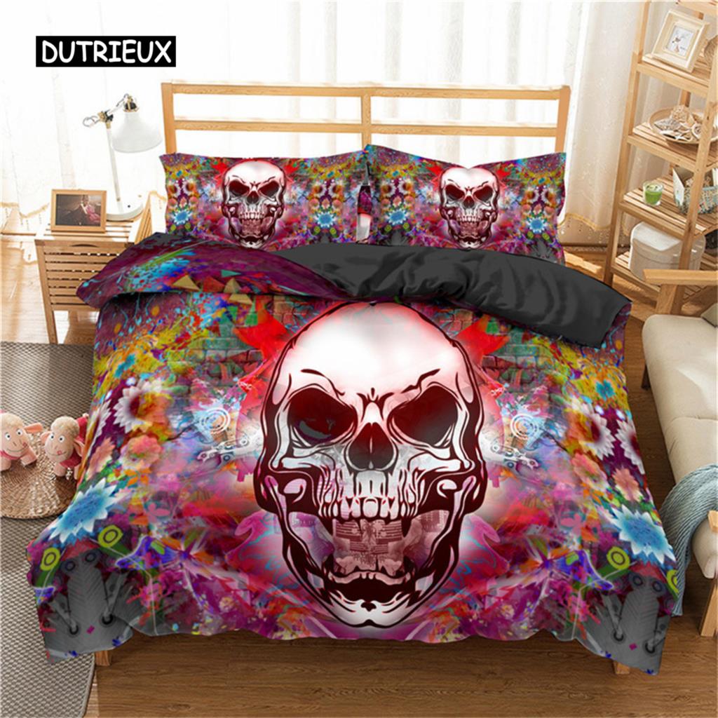 Sugar Skull King Queen Duvet Cover Cartoon Skeleton Blue Car Bedding Set for Teens Adults Halloween Day of The Dead Quilt Cover
