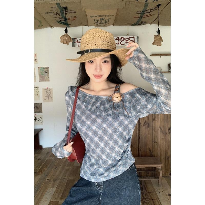 

Women s Plaid One-Shoulder Long Sleeve Ruffle T-Shirt One Size