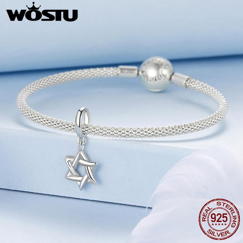 WOSTU 925 Silver Star Clip Beads Silicone Stopper Zircon Charm Hexagram Pendant Fir Original Bracelet Neckalce DIY Birthday Gift