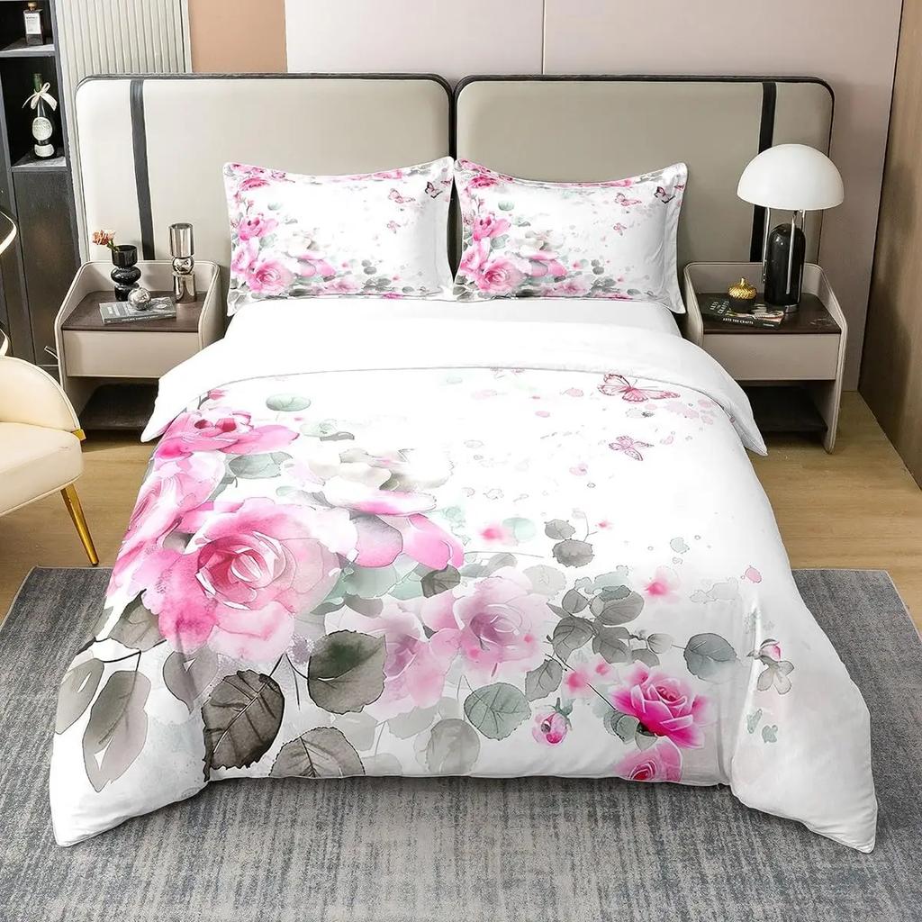 Bettdecke Tuschemalerei Stil Queen King Size Modern Schlicht Aquarell Pflanze Blatt Bettwäsche Set Kinder Erwachsene Damen 3-teiliges Set