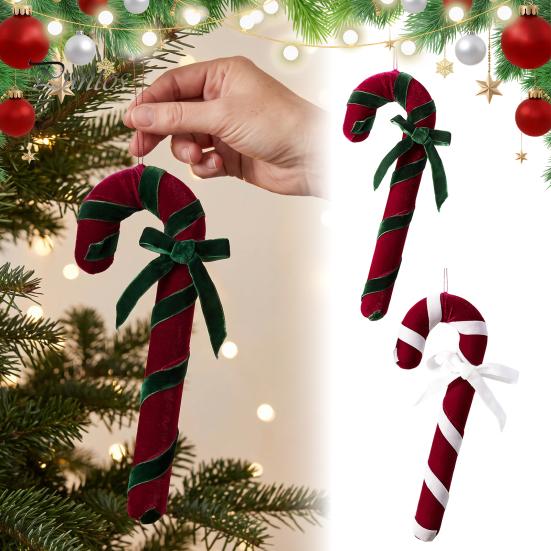 Holiday Party Supplies Velvet Christmas Candy Cane Ornament, Fabric Decoration with Hanging Ornaments Bow, Xmas Tree Decor Pendant for Soft