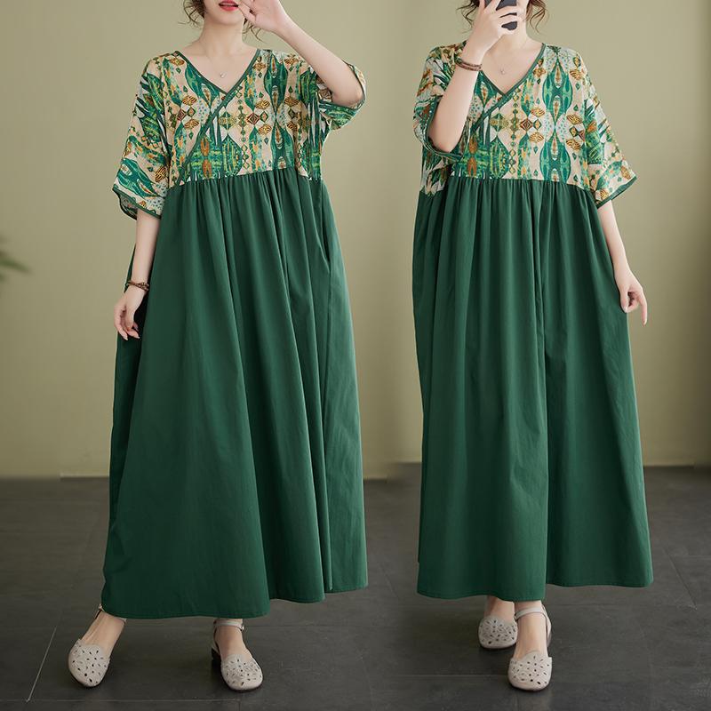 DIMANAF 2024 Plus rozmiar letnia sukienka damska patchworkowy nadruk luźna sukienka Vintage sukienki na co dzień dekolt w serek kobieta