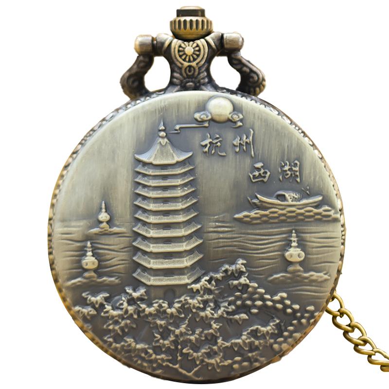 

Vintage Bronze China Hangzhou West Lake Tour Souvenir Gift Male And Female Students Quartz Necklace Pocket Watch бронзовый