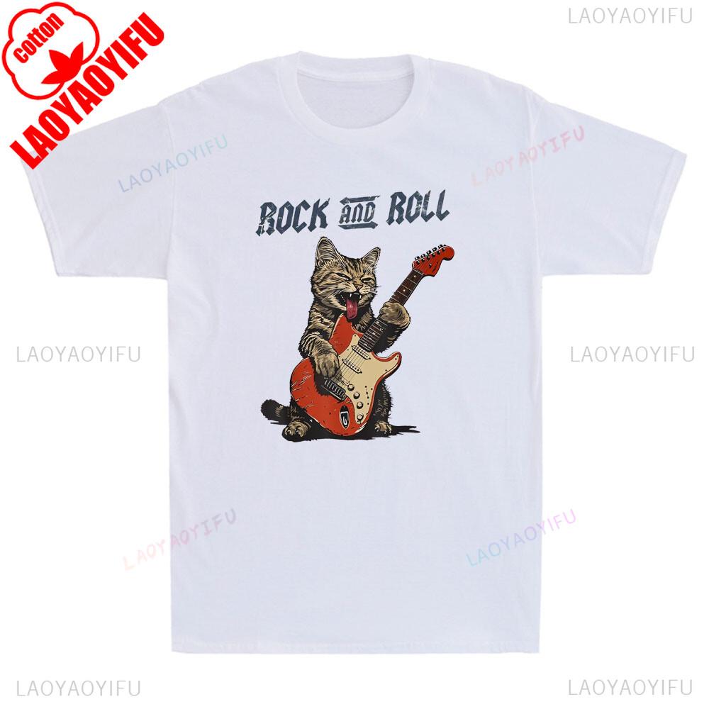 Rock and Roll Guitar Cat Tshirt Funny Cat Playing Guitar Graphic Vintage Mens TShirt Men Summer Crewneck Cotton Short Sleeve