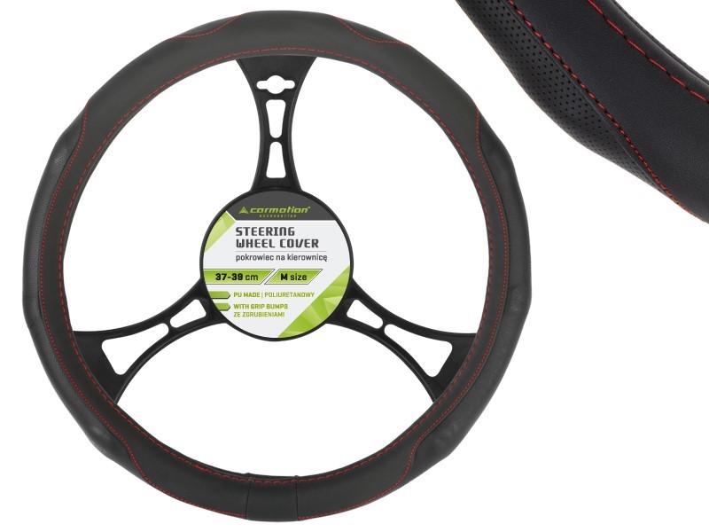 PU Steering Wheel Cover 37-39 Cm "M", Perforated Grips, Black + Red Threads
