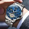 OLEVS Men's Mechanical Automatic Winding Watch with Moon Phase, Stylish Skeleton Design, Waterproof, Luminous Hands, Blue