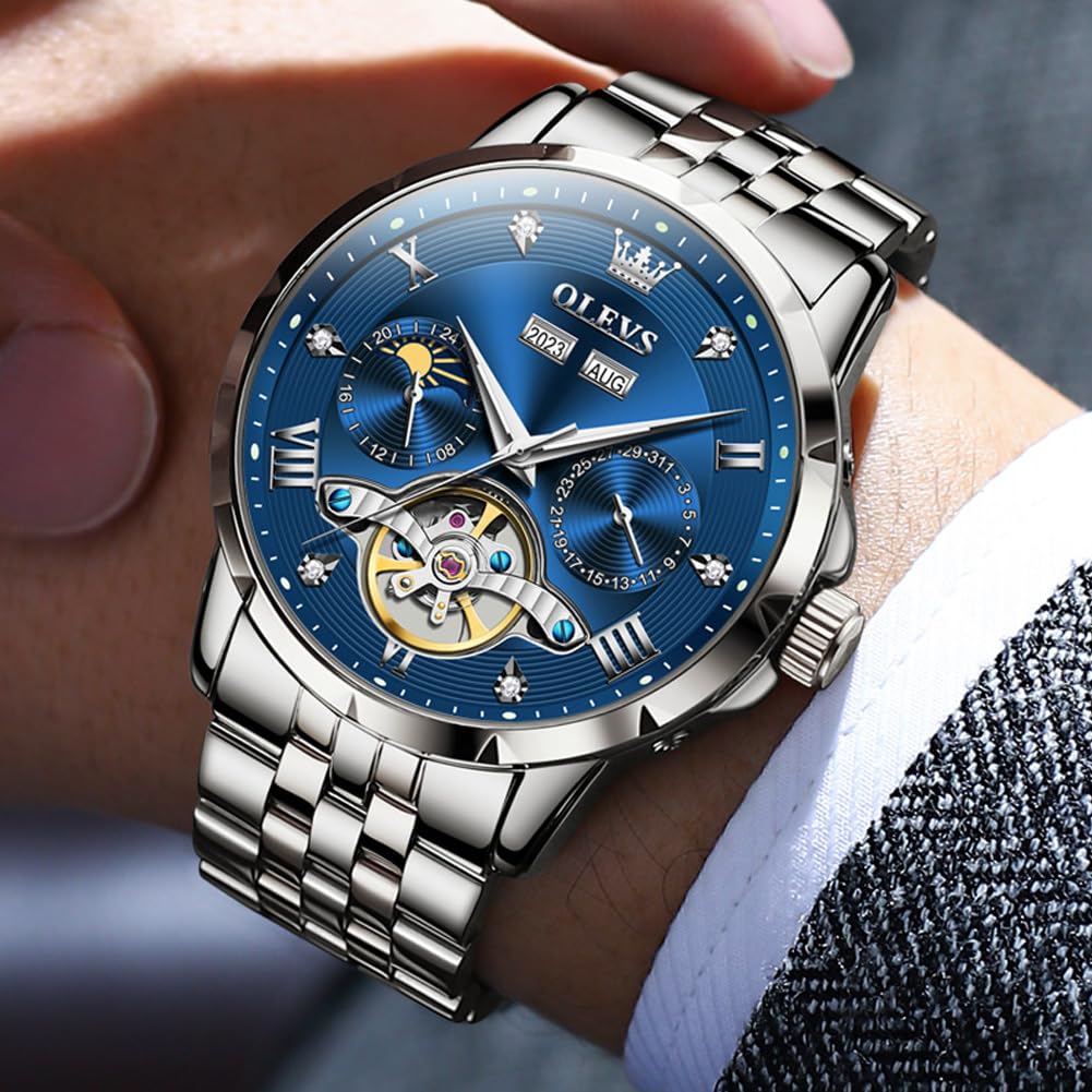 OLEVS Men's Mechanical Automatic Winding Watch with Moon Phase, Stylish Skeleton Design, Waterproof, Luminous Hands, Blue