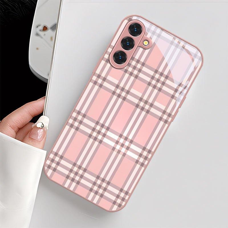 Pink checkered pattern glass phone case suitable for Samsung Galaxy S26 S25 S24 S23 S22 S20 FE/Ultra/Plus anti drop back cover