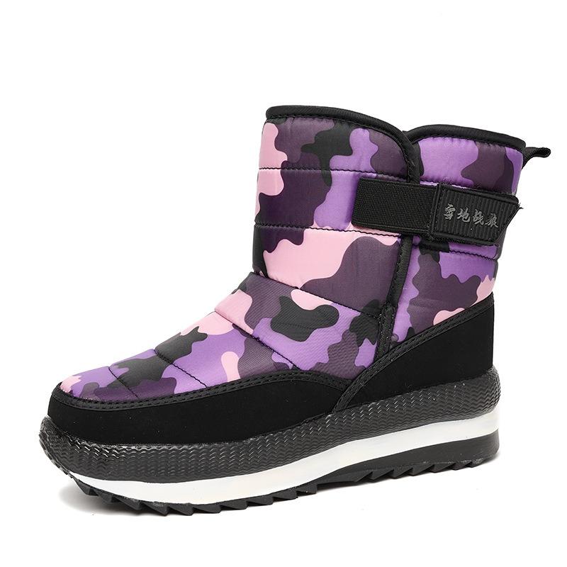 Botas de neve camufladas de inverno novas, tamanho grande para mulheres e homens, aquecidas, com sola grossa, de cano alto, sapatos de algodão