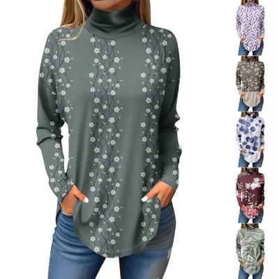 Tee Shirts For Women Fall Casual Long Sleeve Shirts Sweatshirt Vintage Printed High Neck Top Pullover