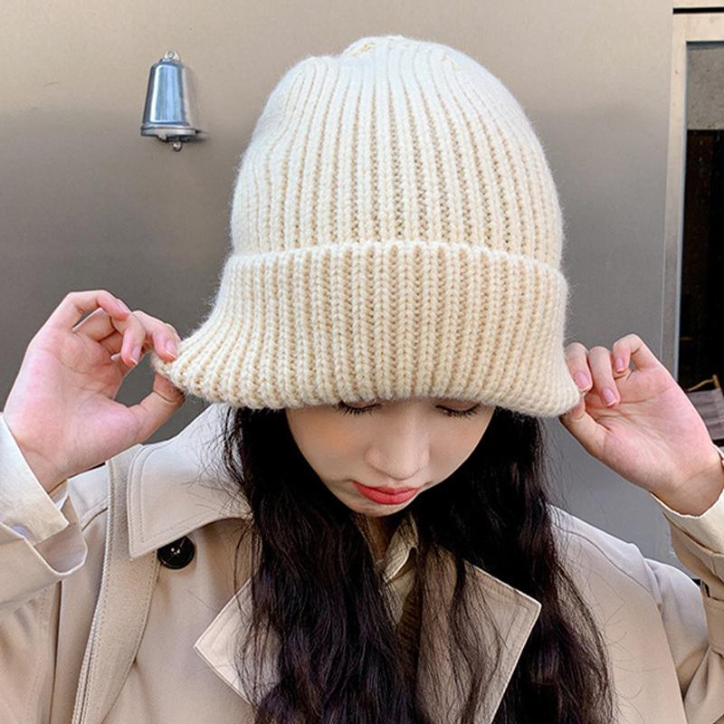 Winter Hat for Women Solid Color Stripe Knit Beanies Loose Elastic Heap Heap Cap Warm Thicken Bonnet Fashion Woolen Pullover Cap Outdoor Knitted Cap