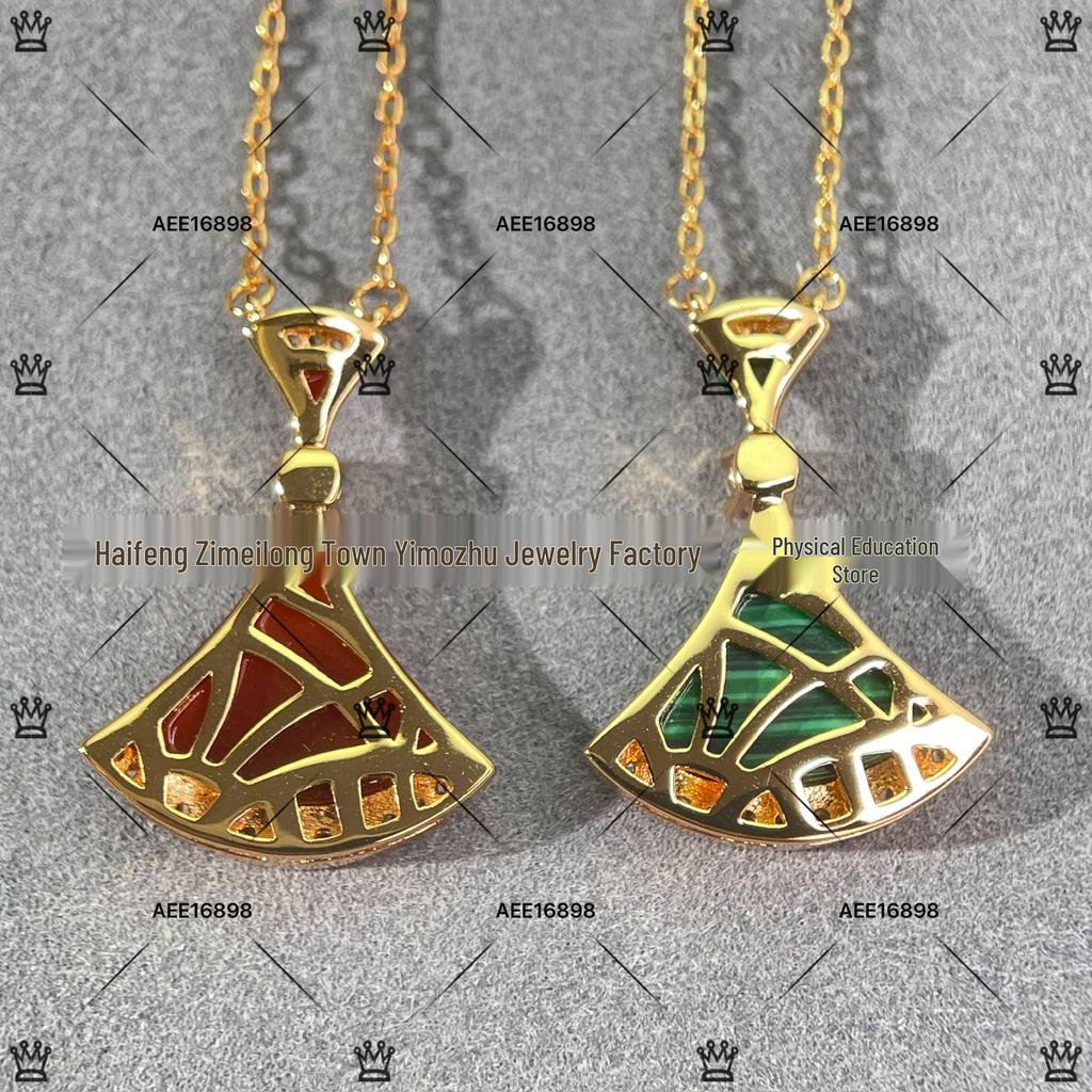 V Gold High Fan-shaped Clavicle Necklace: 18k Rose Gold with Red Agate, Diamond Accents, and White Shell on 925 Silver for Women