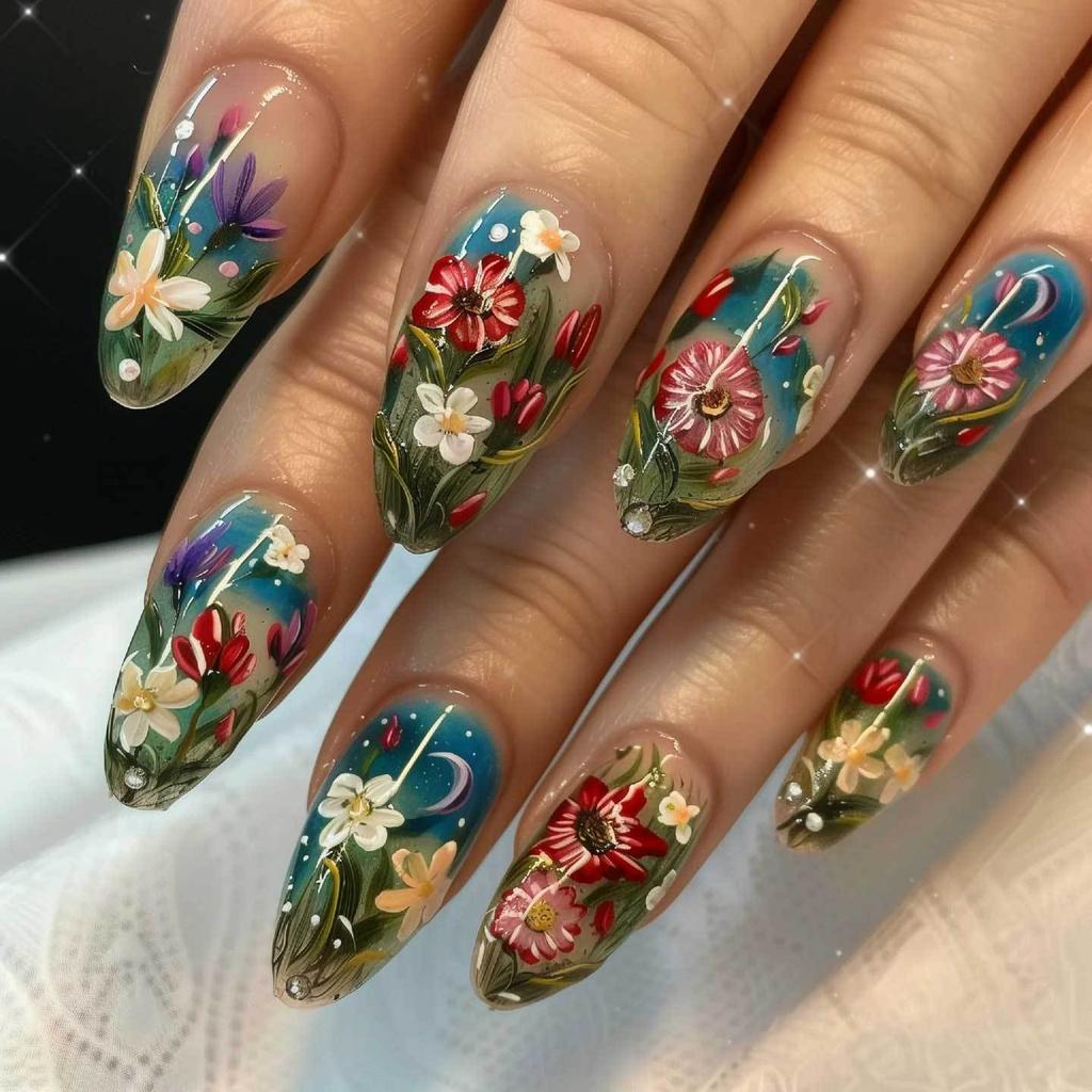 24PCS Short Oval Press On Nails Cute Colorful Flowers False Nails Wearable Blue Plaid Stripes Sweet Ins Fake Nails Acrylic Tips
