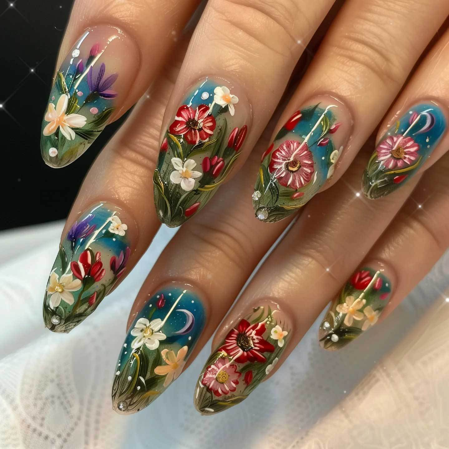 

24PCS Short Oval Press on Nails Cute Colorful Flowers False Nails Wearable Blue Plaid Stripes Sweet Ins Fake Nails Acrylic Tips