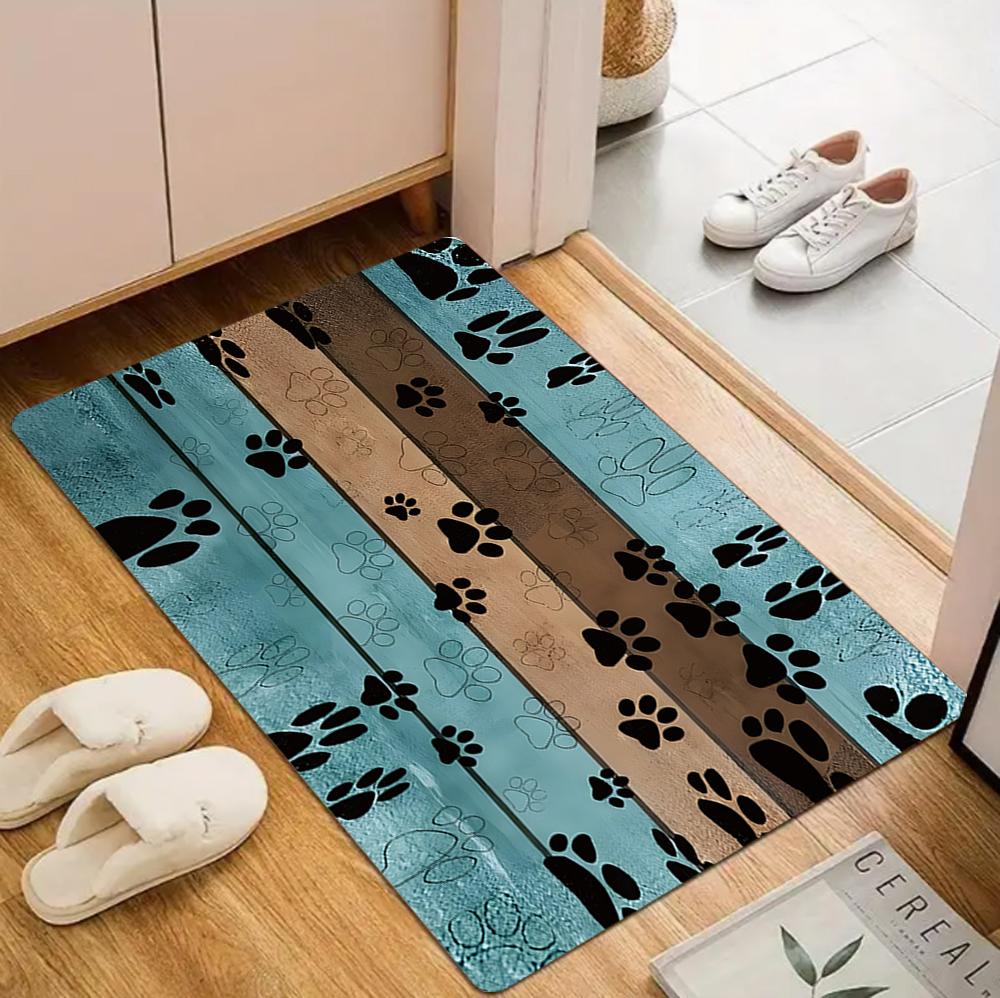 Adorable Dog Paw Print Wood Grain Floor Mat Non Slip Entryway Carpet for Living Room Kitchen Washable Outdoor Indoor Floor Mat