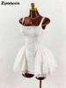 New Women's White Lace Dress, Square Neck Wide Belt Empire Waist Ruffled Short Skirt