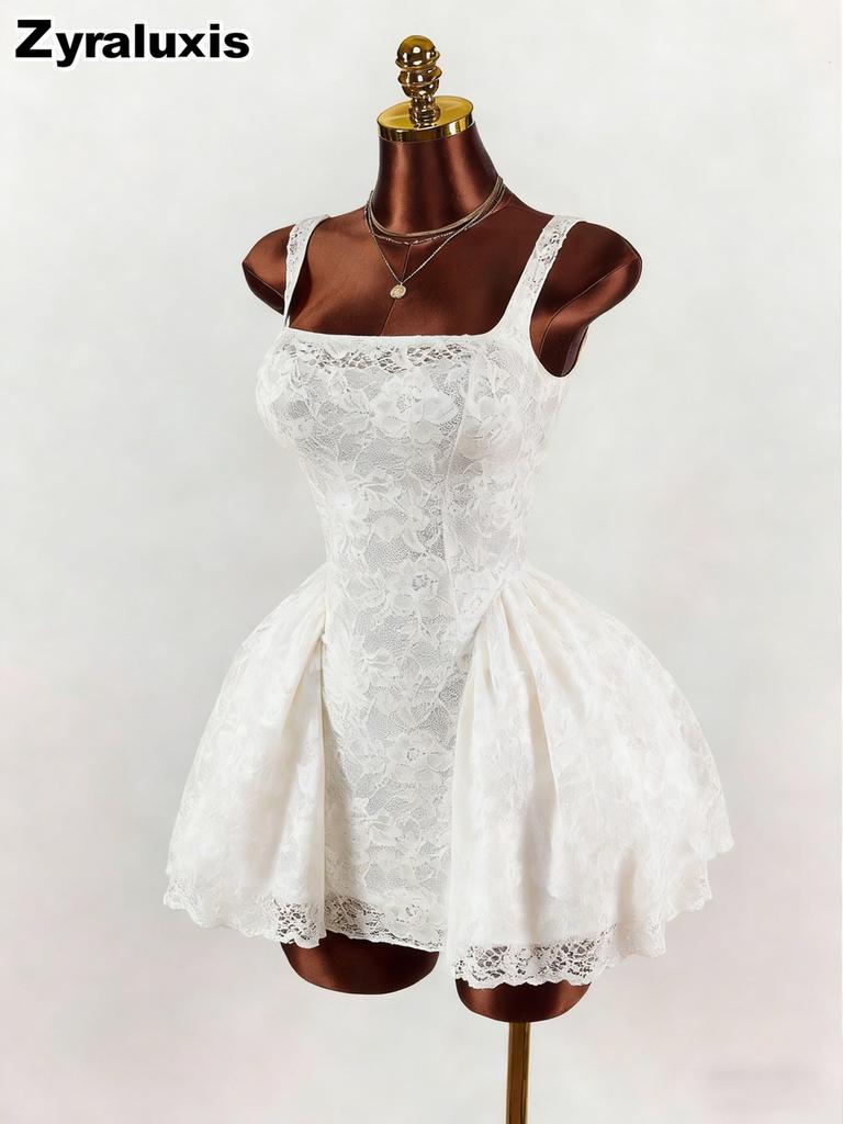 New Women's White Lace Dress, Square Neck Wide Belt Empire Waist Ruffled Short Skirt