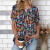 Women Blue Ocean Coconut Palm Beach Print Short Sleeve V Neck Blouse