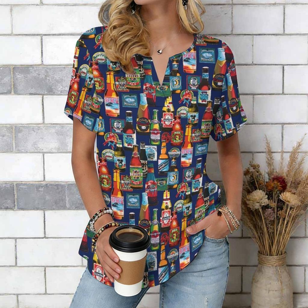 Women Blue Ocean Coconut Palm Beach Print Short Sleeve V Neck Blouse
